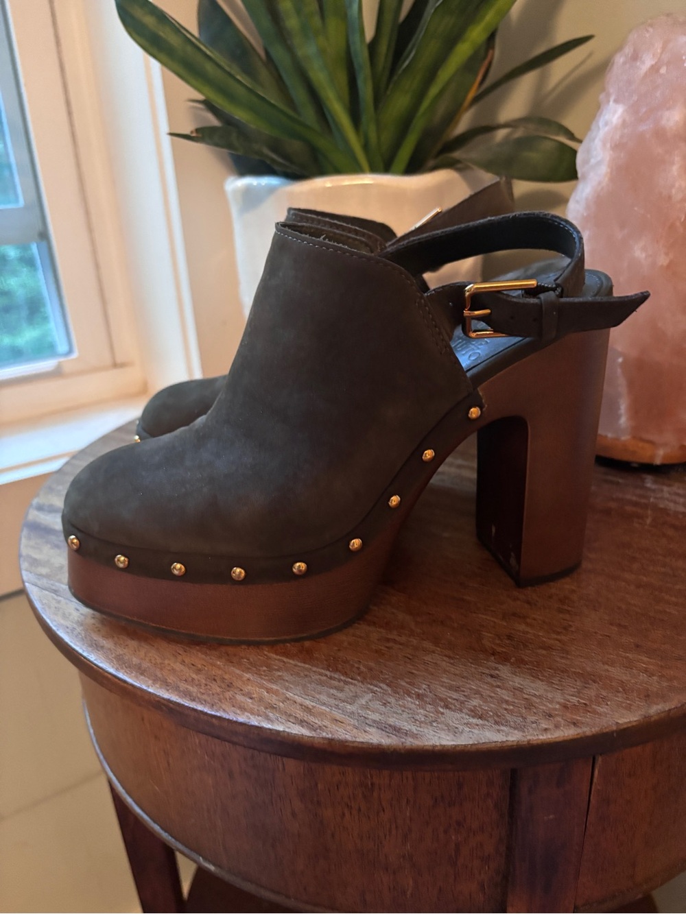 Vince Camuto Olive Green Suede Platform Slingback Clogs with Gold Studs